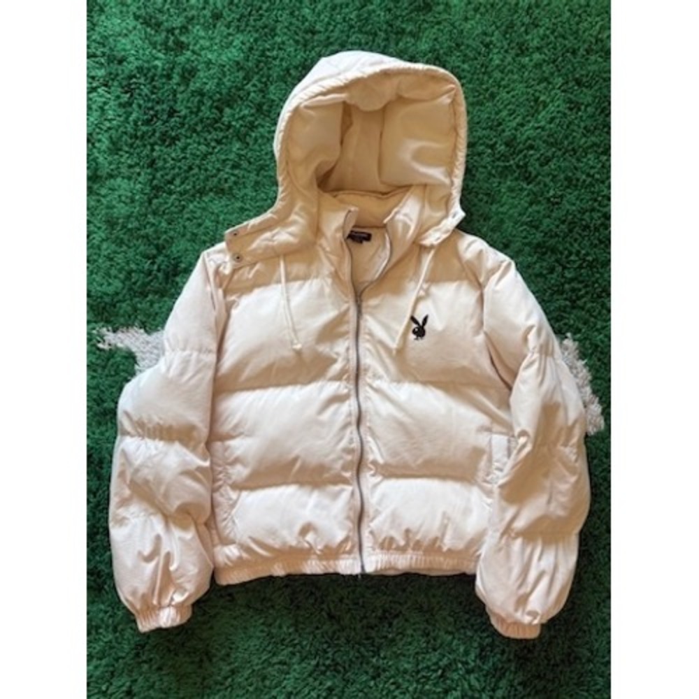 Playboy by PacSun Cream Puffer Jacket Hooded Graphic Logo Off-White XS/S